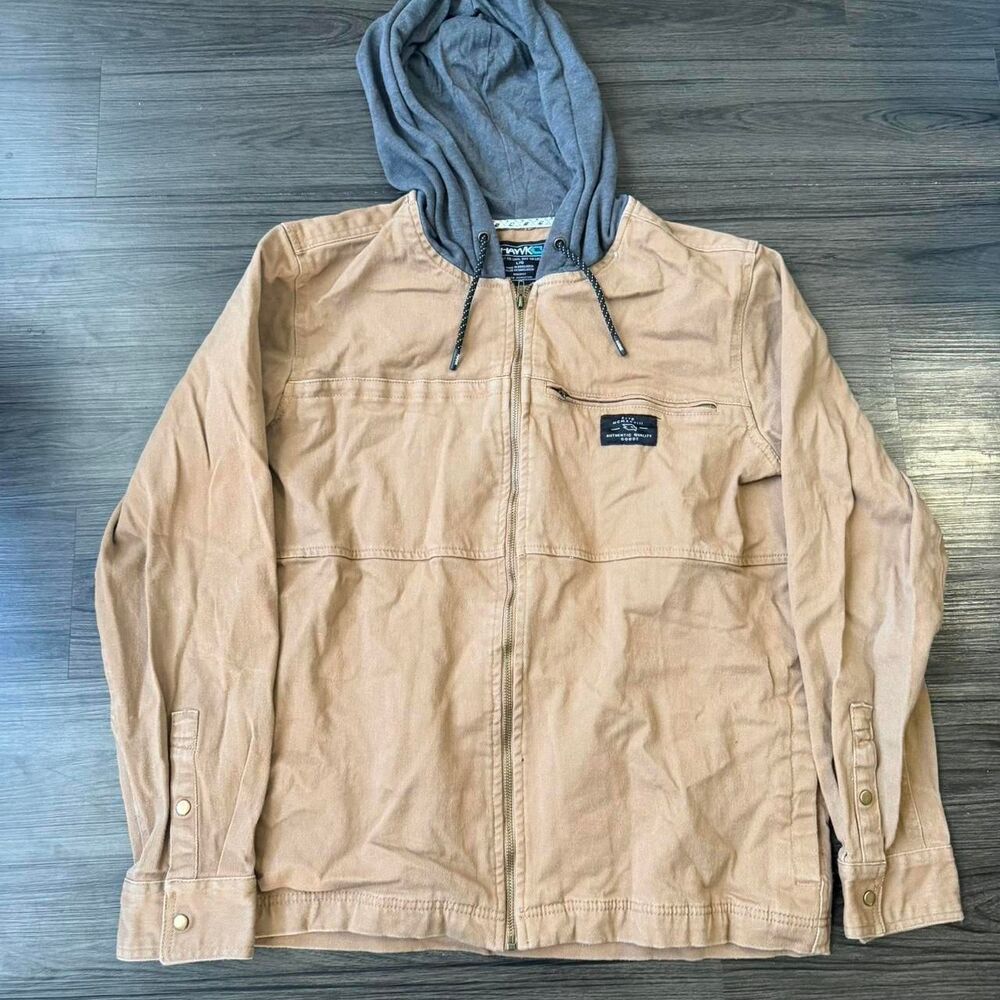 Tony Hawk 00s Canvas Jacket Size Large Tan Y2K Skater Full Zip Hooded Trucker